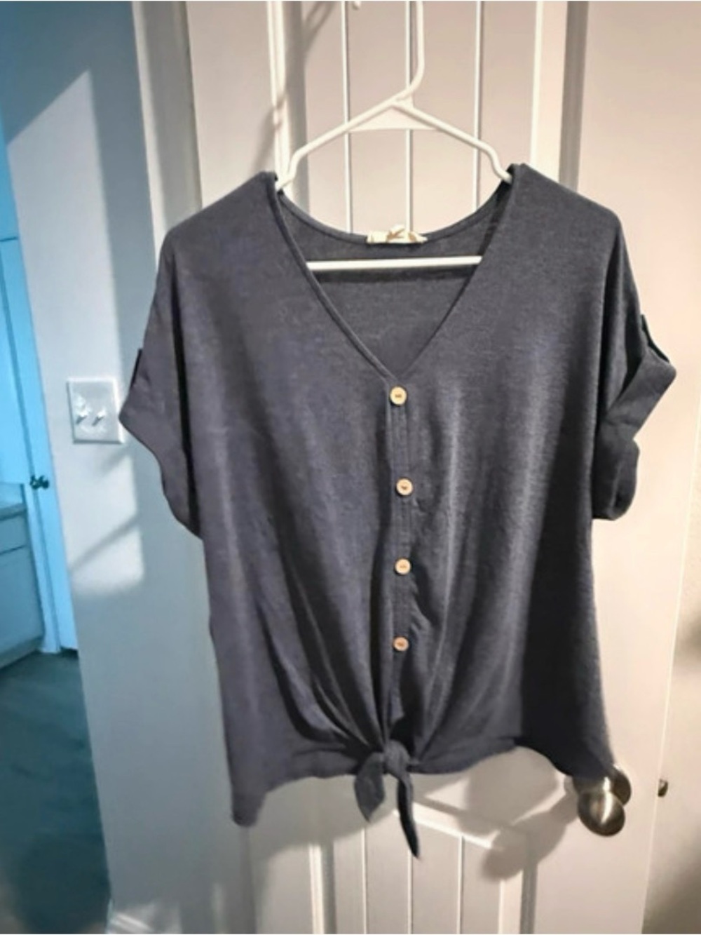 Casual V-Neck Button Front Tie Hem Top - Slate Gray
